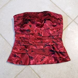 White House Black Market Red Floral Bustier Satin Top